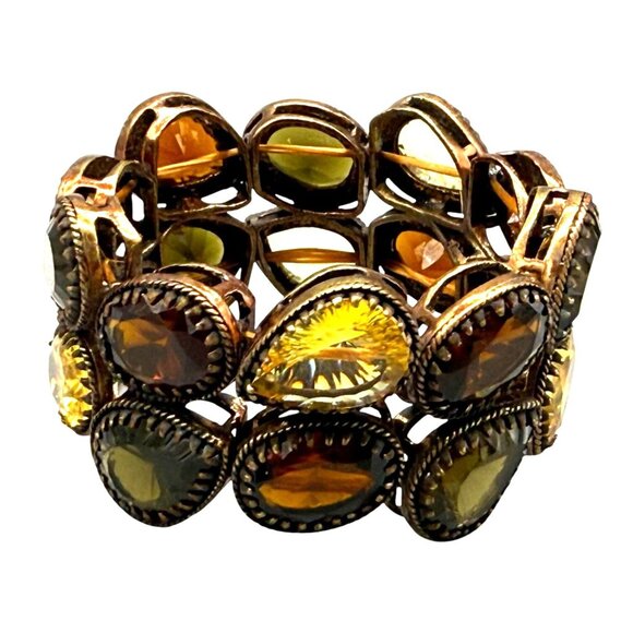Yellow & Olive Crystal Stretch Statement Bangle Bracelet Bronze Tone Retro - Picture 2 of 5